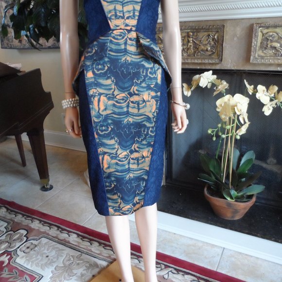 New Fotini Navy Blue Lace Dress w/Orange-Blue Abstract Print Inserts Size 8 - Picture 7 of 16